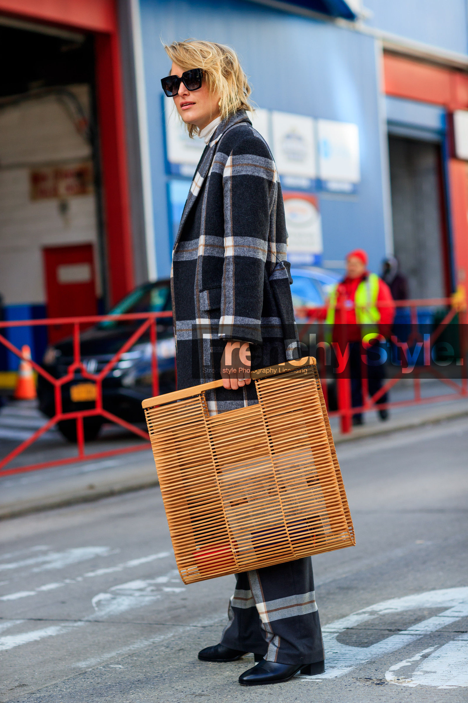 black coat, black pants, black shoes, checked, checked coat, checked pants, graphic bag, graphic jacket, graphic pants, high heels, leather shoes, plaid, printed jacket, printed pants, sunglasses, tartan, trousers, wood bag, street style, jonathan paciullo, FW, frenchystyle, fashion week, NYFW, NEW YORK, AUTUMN WINTER 2018-2019, AW 18-19, FALL WINTER 2018-2019, FW 18-19, vertical, full length, Rebecca Laurey