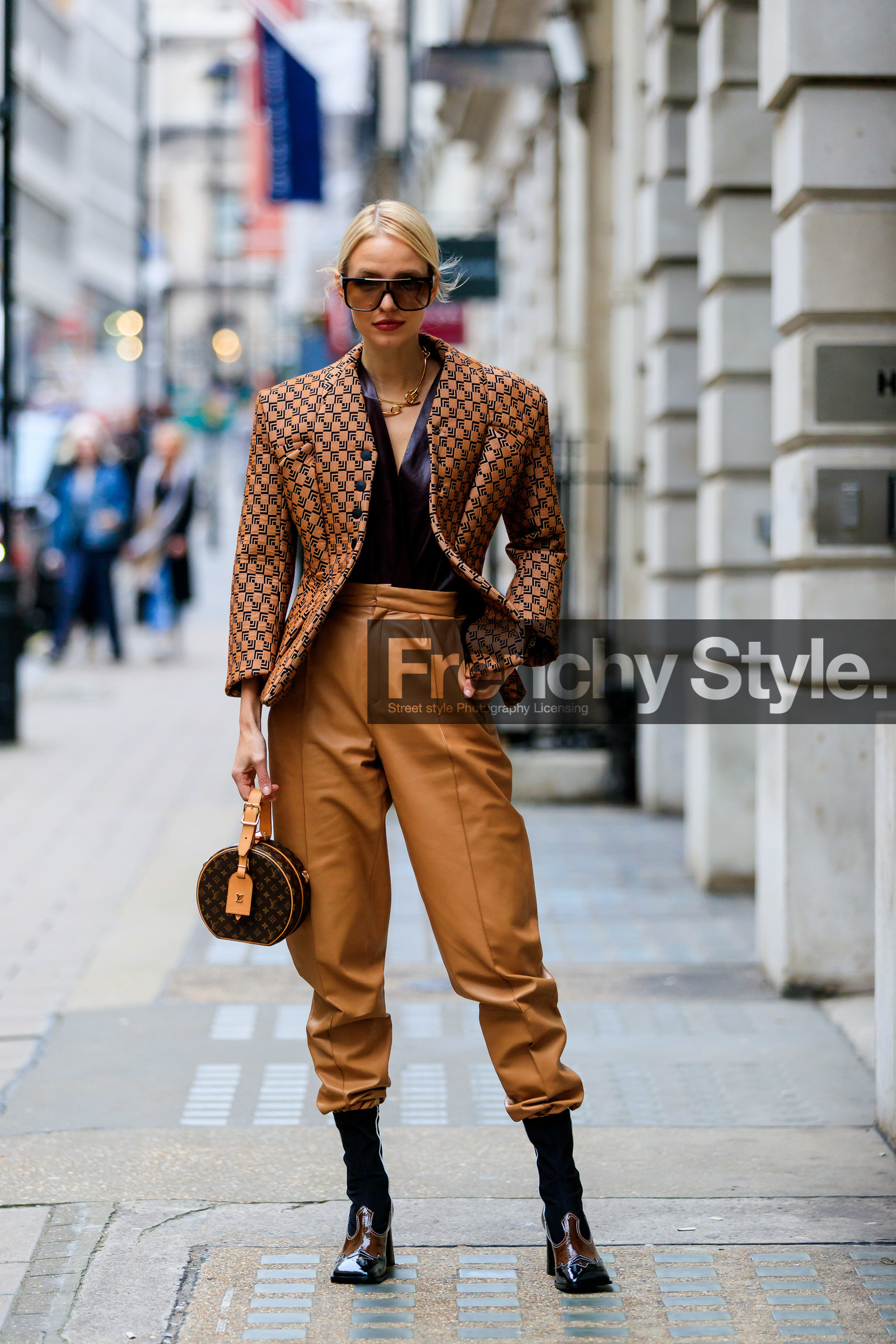 beige jacket, black shoes, brown bag, camel pants, checked, graphic bag, graphic jacket, leather bag, leather jacket, leather pants, leather shoes, leonie hanne, louis vuitton, monogram, necklace, plaid, printed bag, printed jacket, sunglasses, trousers, street style, jonathan paciullo, FW, frenchystyle, fashion week, LFW, LONDON, AUTUMN WINTER 2019-2020, AW 19-20, FW 19-20, FALL WINTER 2019-2020, vertical, full length