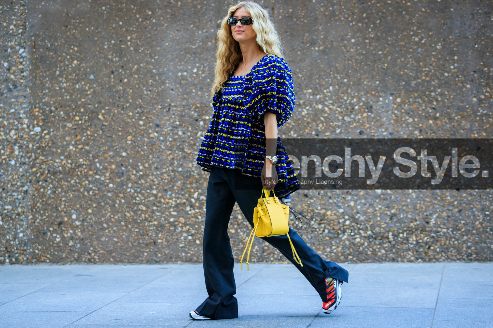 emili sindlev, gucci sunglasses, black sunglasses, knit top, multicolor top, loewe bag, mini bag, hand bag, yellow leather bag, black pants, rolex watch, silvered and golden watch, salomon sneakers, red sneakers, fashion week, frenchystyle, FW, jonathan paciullo, street style, atmosphere details, horizontal, full length
