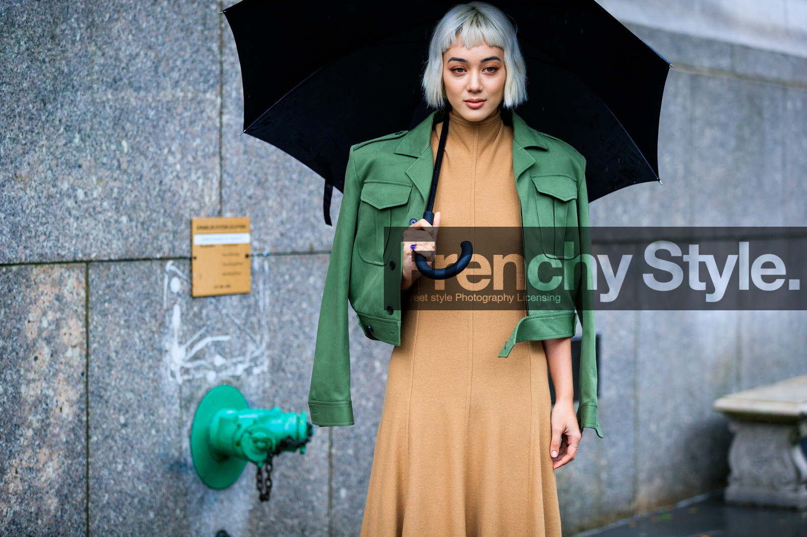 beige dress, green jacket, kim jones, over the shoulder, umbrella, street style, jonathan paciullo, FW, frenchystyle, fashion week, NYFW, NEW YORK, SPRING SUMMER 2019, SS 19, atmosphere details, horizontal, detail