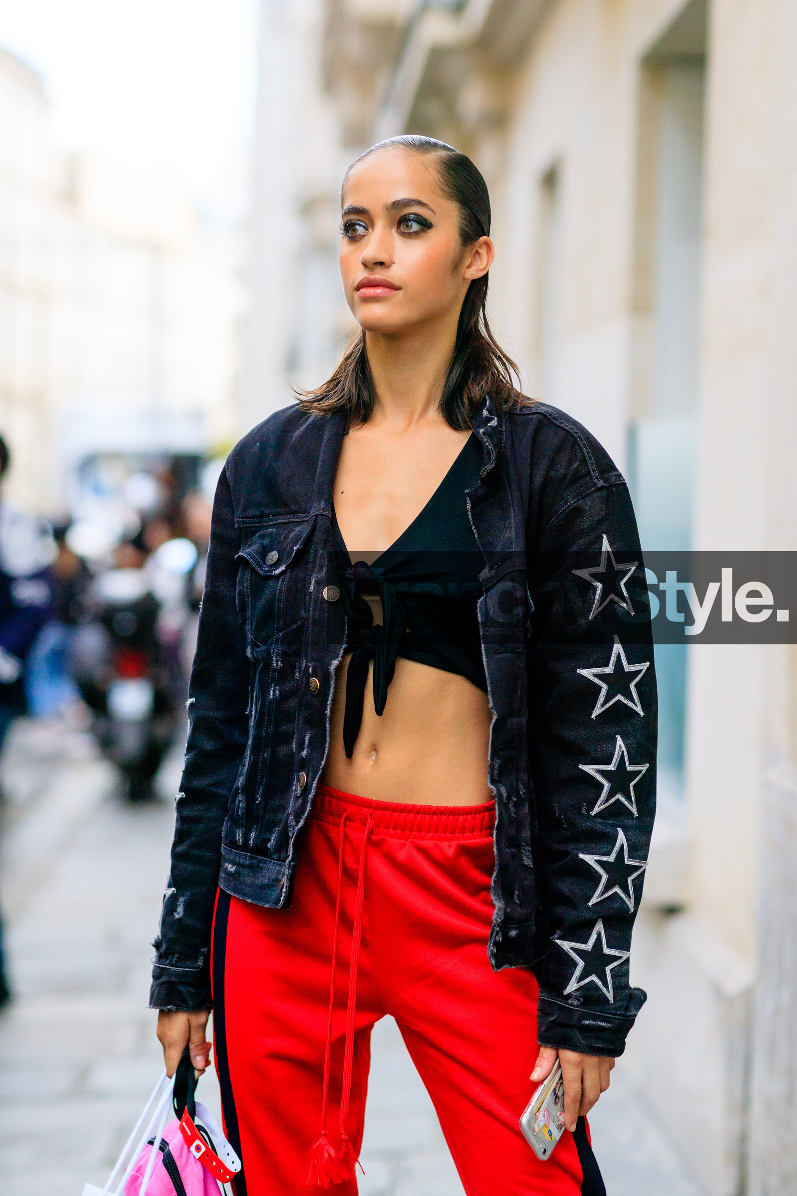 alanna arrington, black denim, black jacket, black top, crop top, denim jacket, detail, fashion week, frenchystyle, FW, jonathan paciullo, leather bag, model, PARIS, PFW, pink bag, pulled back hair, red pants, SPRING SUMMER 2017, SS 17, stars, street style, sunglasses, sweatpants, trousers, vertical, wet hair
