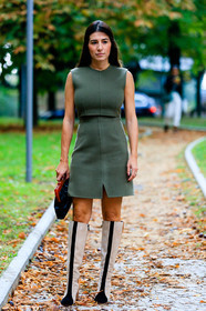 kaki dress, kaki skirt, kaki top, sleeveless dress, sleeveless top, high waist skirt, mini dress, mini skirt, woolen dress, woolen skirt, woolen top, cropped top, suede boots, high boots, light beige boots, striped boots, black suede boots, beige suede boots, street style, jonathan paciullo, FW, frenchystyle, fashion week, MFW, MILAN, SPRING SUMMER 2021, SS 21, vertical, full length