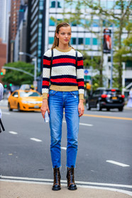 blue denim, brown boots, denim pants, fashion week, frenchystyle, full length, FW, graphic sweater, high heels, jeans, jonathan paciullo, leather shoes, louis vuitton, model, monogram, NEW YORK, NYFW, printed boots, SPRING SUMMER 2018, SS 18, street style, striped sweater, trousers, vertical