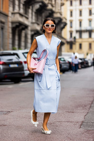 Alexandra Pereira, bag, belted dress, bow, dress, leather bag, leather dress, leather heels, light blue dress, long dress, pastel, pink bag, sunglasses, white heels, white shoes, white sunglasses, wrapped dress, fashion week, frenchystyle, FW, jonathan paciullo, street style, SPRING SUMMER 2022, SS 22, MFW, MILAN, vertical, full length