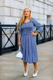 black and white, gingham, graphic dress, high heels, kate foley, leather bag, leather shoes, printed dress, red lips, ruffles, white bag, fashion week, frenchystyle, FW, jonathan paciullo, street style, LFW, LONDON, SPRING SUMMER 2019, SS 19, vertical, full length