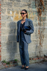 sophia roe, black jacket, black pants, black sunglasses, black top, black leather clutch, black leather shoes, satin top, low necked top, oversize jacket, houndstooth printed jacket, houndstooth printed pants, animal skin clutch, celine sunglasses, butterfly sunglasses, futurist shape sunglasses, silvered necklace, big necklace, high heels shoes, fashion week, frenchystyle, FW, jonathan paciullo, street style, MFW, MILAN, AUTUMN WINTER 2020-2021, FALL WINTER 2020-2021, FW 20-21, vertical, full length