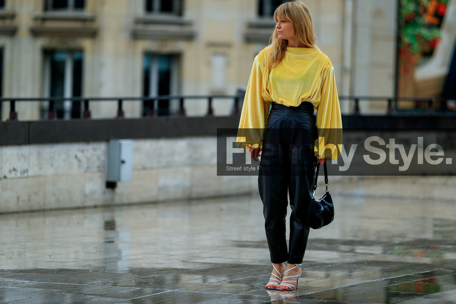 jeanette madsen, prada bag, light yellow blouse, velvet blouse, drape blouse, long sleeves blouse, black leather bag, black leather pants, hand bag, white leather sandals, multi straps sandals, high heels sandals, high waist pants, fashion week, frenchystyle, FW, jonathan paciullo, street style, PFW, PARIS, horizontal, atmosphere details, full length