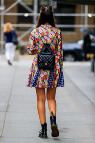 back detail, black bag, black boots, black shoes, chanel, dr martens, fashion week, floral, flowers, frenchystyle, full length, FW, graphic dress, jonathan paciullo, leather backpack, leather bag, leather shoes, multicolor dress, NEW YORK, NYFW, printed dress, SPRING SUMMER 2018, SS 18, street style, vertical