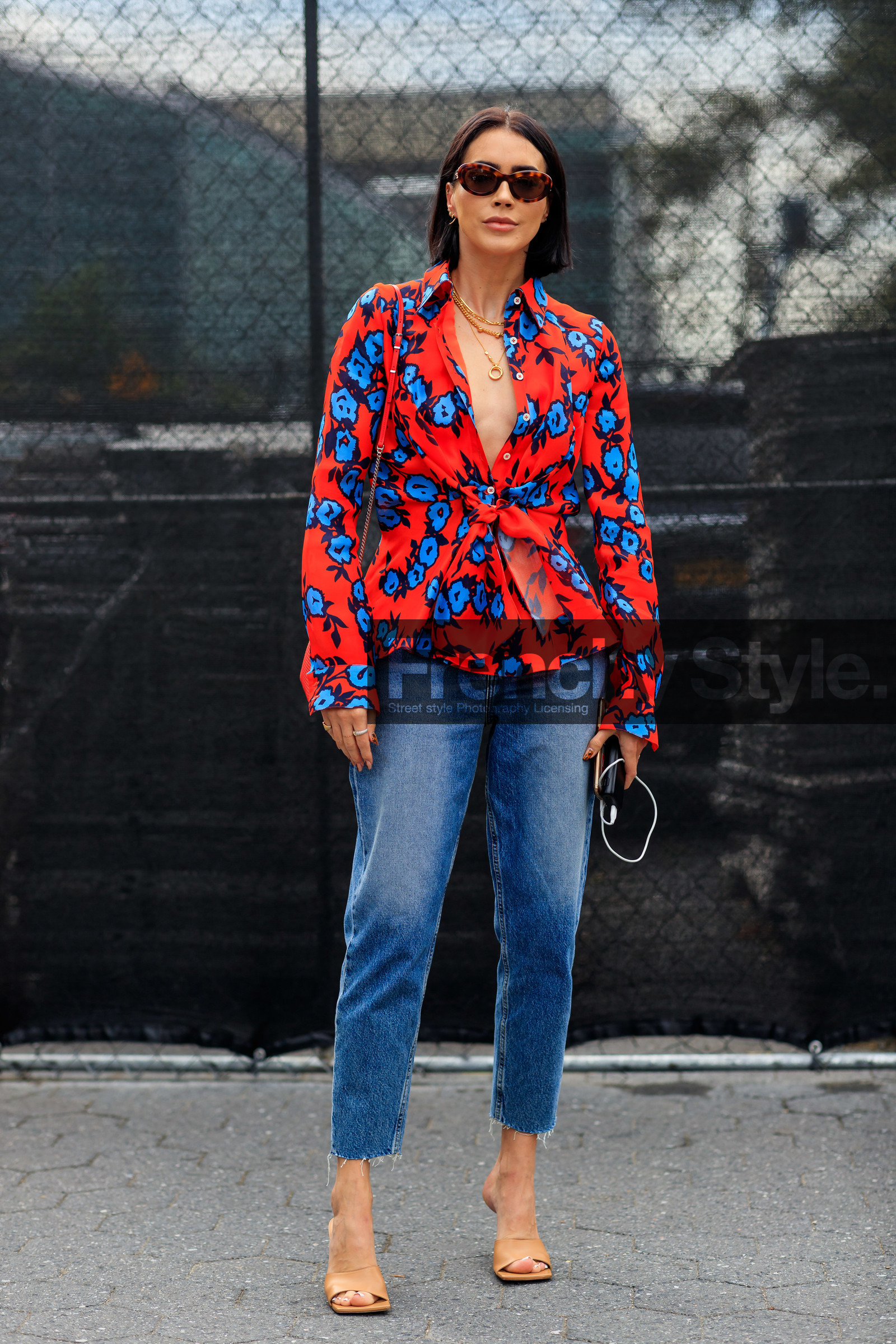 blue denim, brittany xavier, denim pants, floral, flowers, high heels, jeans, leather shoes, necklace, nude sandals, printed shirt, red shirt, sunglasses, trousers, street style, jonathan paciullo, FW, frenchystyle, fashion week, NEW YORK, NYFW, SPRING SUMMER 2020, SS 20, vertical, full length