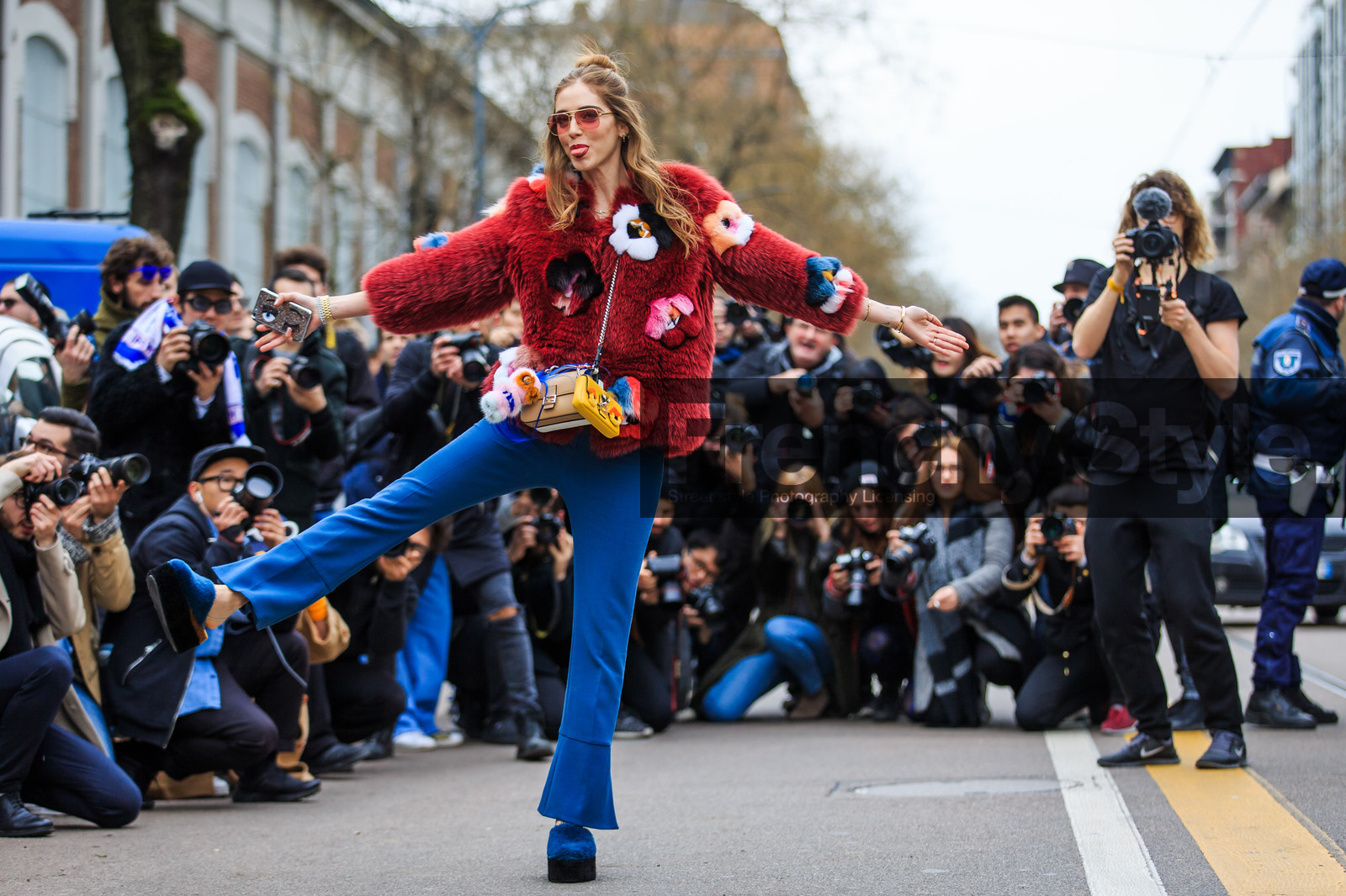 atmosphere details, AUTUMN WINTER 2016-2017, AW 16-17, beige bag, blue fur, blue pants, blue shoes, chiara ferragni, detail, embroidered jacket, FALL WINTER 2016-2017, fashion week, fendi, floral, flower, frenchystyle, fun bag, fur bag, fur jacket, fur shoes, FW, FW 16-17, horizontal, jonathan paciullo, leather bag, LFW, LONDON, MENSWEAR, mini bag, pompons, red fur, red jacket, street style, sunglasses, trousers, yellow bag