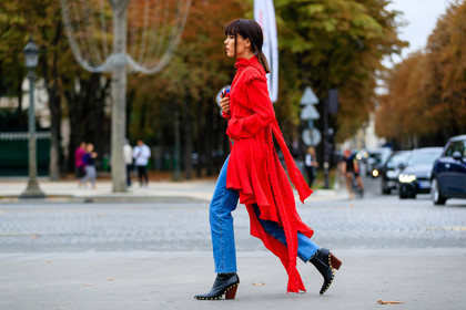 atmosphere details, black boots, blue denim, denim pants, Evangelie Smyrniotaki, fashion week, frenchystyle, full length, FW, high heels, horizontal, jeans, jonathan paciullo, leather shoes, PARIS, PFW, red dress, red jacket, red shirt, ruffle, SPRING SUMMER 2017, SS 17, street style, trousers