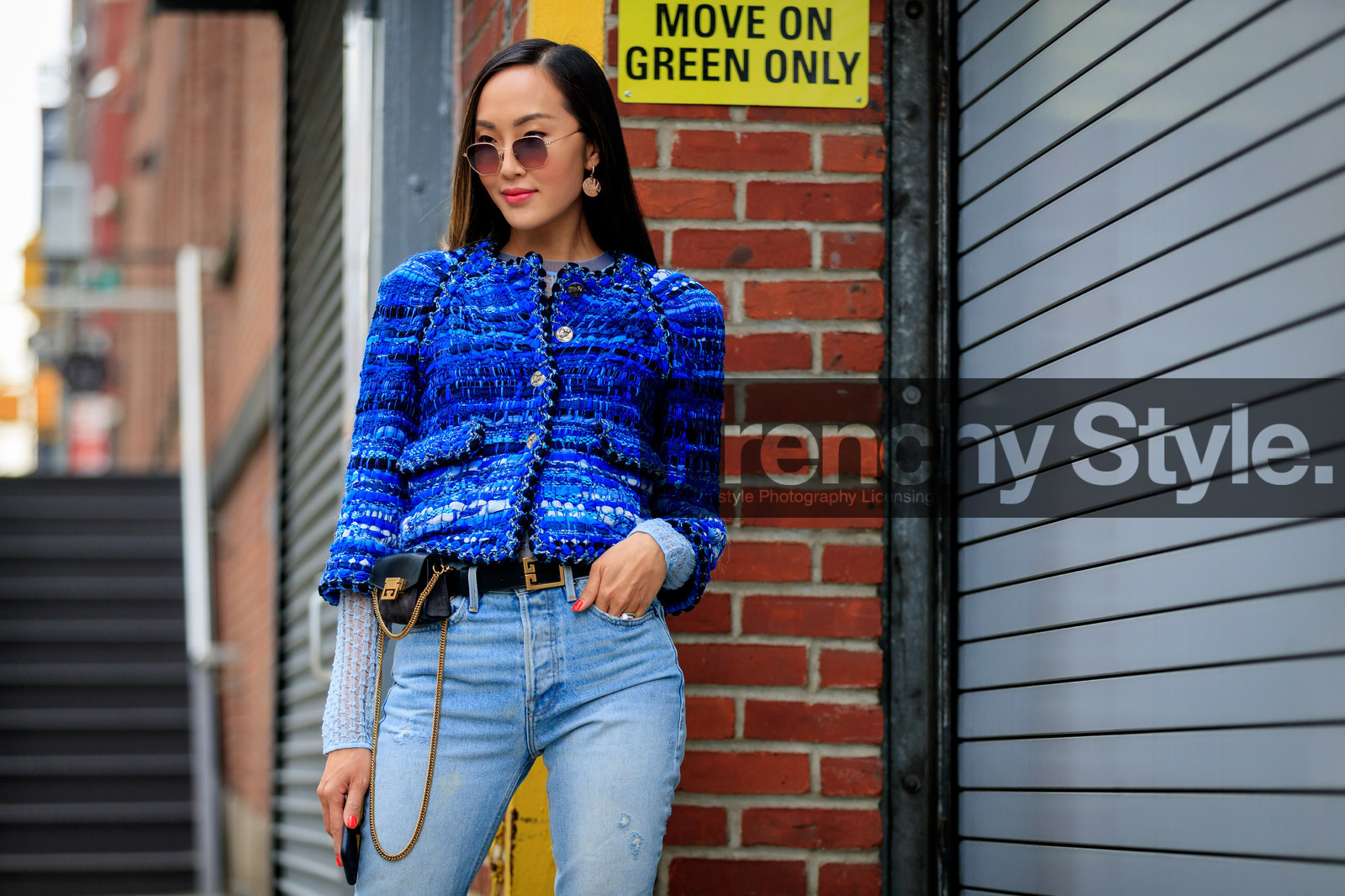 black bag, blue denim, blue jacket, denim pants, earrings, fanny pack, jeans, leather bag, mini bag, sunglasses, trousers, tweed jacket, street style, jonathan paciullo, FW, frenchystyle, fashion week, NYFW, NEW YORK, AUTUMN WINTER 2018-2019, AW 18-19, FALL WINTER 2018-2019, FW 18-19, atmosphere details, horizontal, detail, Chriselle Lim