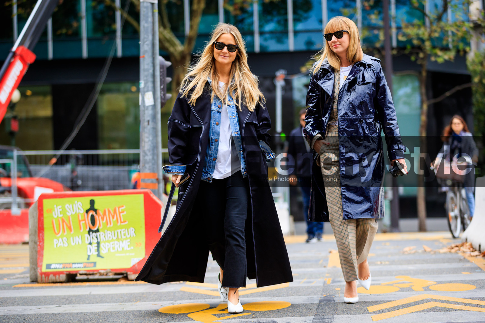 atmosphere details, beige pants, black coat, black jacket, black pants, blue coat, blue denim, checked pants, denim jacket, fashion week, frenchystyle, full length, FW, graphic pants, high heels, Holly Russell, horizontal, jonathan paciullo, leather coat, leather shoes, lisa aiken, long hair, PARIS, PFW, plaid, printed pants, ray ban, SPRING SUMMER 2018, SS 18, street style, sunglasses, trench coat, trousers, white shoes, white t shirt