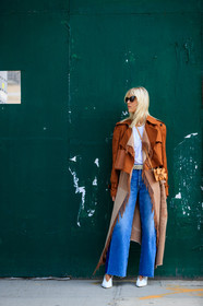 beige bag, blue denim, brown jacket, chanel, céline, denim pants, fashion week, frenchystyle, full length, FW, high heels, jeans, jonathan paciullo, leather bag, leather shoes, linda tol, loewe, NEW YORK, NYFW, poncho, SPRING SUMMER 2018, SS 18, street style, trousers, vertical, white belt, white shoes, white t shirt