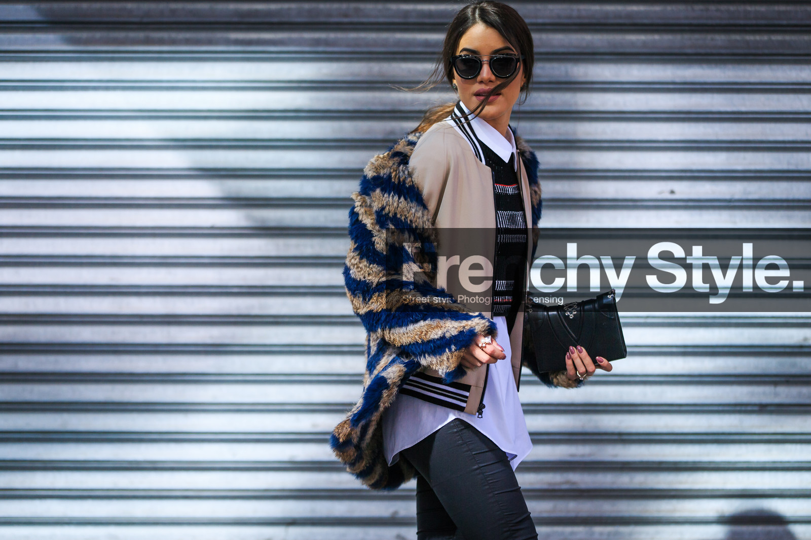 atmosphere details, AUTUMN WINTER 2016-2017, AW 16-17, black bag, black pants, brown fur, camila coelho, detail, embroidered sweater, fashion week, frenchystyle, fur jacket, FW, FW 16-17, horizontal, jonathan paciullo, leather bag, leather pants, NEW YORK, NYFW, street style, striped jacket, sunglasses, teddy jacket, trousers, white shirt, woman, zip
