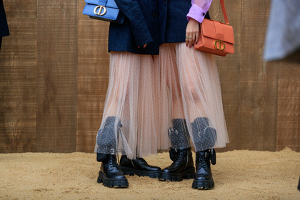 Ami and Aya Suzuki, dior bag, dior skirt, orange leather bag, light blue leather bag, shoulder bag, nude skirt, long skirt, plumetis skirt, pleated skirt, black leather boots, prada boots, laced boots, ankle bag, mini bag, legs detail, tulle details, tulle hat, square shape glasses, sleeveless jacket, pink sunglasses, pink hair, lilac blouse, lavalliere collar, dyed hair, dark grey jacket, 30 montaigne bag, fashion week, frenchystyle, FW, jonathan paciullo, street style, SPRING SUMMER 2020, SS 20, PFW, PARIS, horizontal, atmosphere details, detail