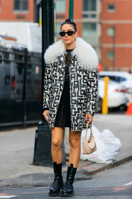 tamara kalinic, longchamps coat, white coat, black coat, fur coat, logo printed coat, monogrammed coat, longchamps dress, pleated dress, black dress, lace dress, monogrammed dress, prada bag, light beige bag, hand bag, black sunglasses, strassed sunglasses, golden earrings, dangling earrings, black leather boots, chelsea boots, flat boots, quilted boots, mini dress, fashion week, frenchystyle, FW, jonathan paciullo, street style, AUTUMN WINTER 2020-2021, FALL WINTER 2020-2021, FW 20-21, vertical, full length, NYFW, NEW YORK