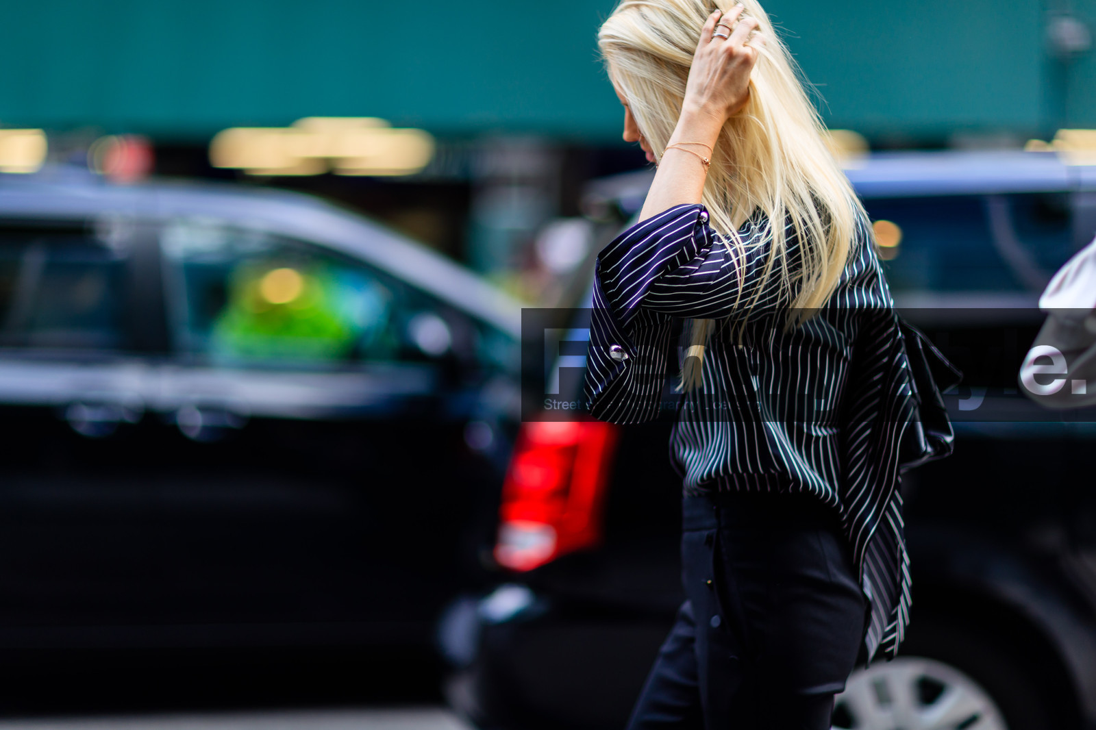atmosphere details, black pants, black shirt, choker, detail, fashion week, frenchystyle, FW, geometric, graphic shirt, horizontal, jonathan paciullo, kate davidson hudson, NEW YORK, NYFW, SPRING SUMMER 2017, SS 17, street style, striped shirt, stripes, trousers, woman