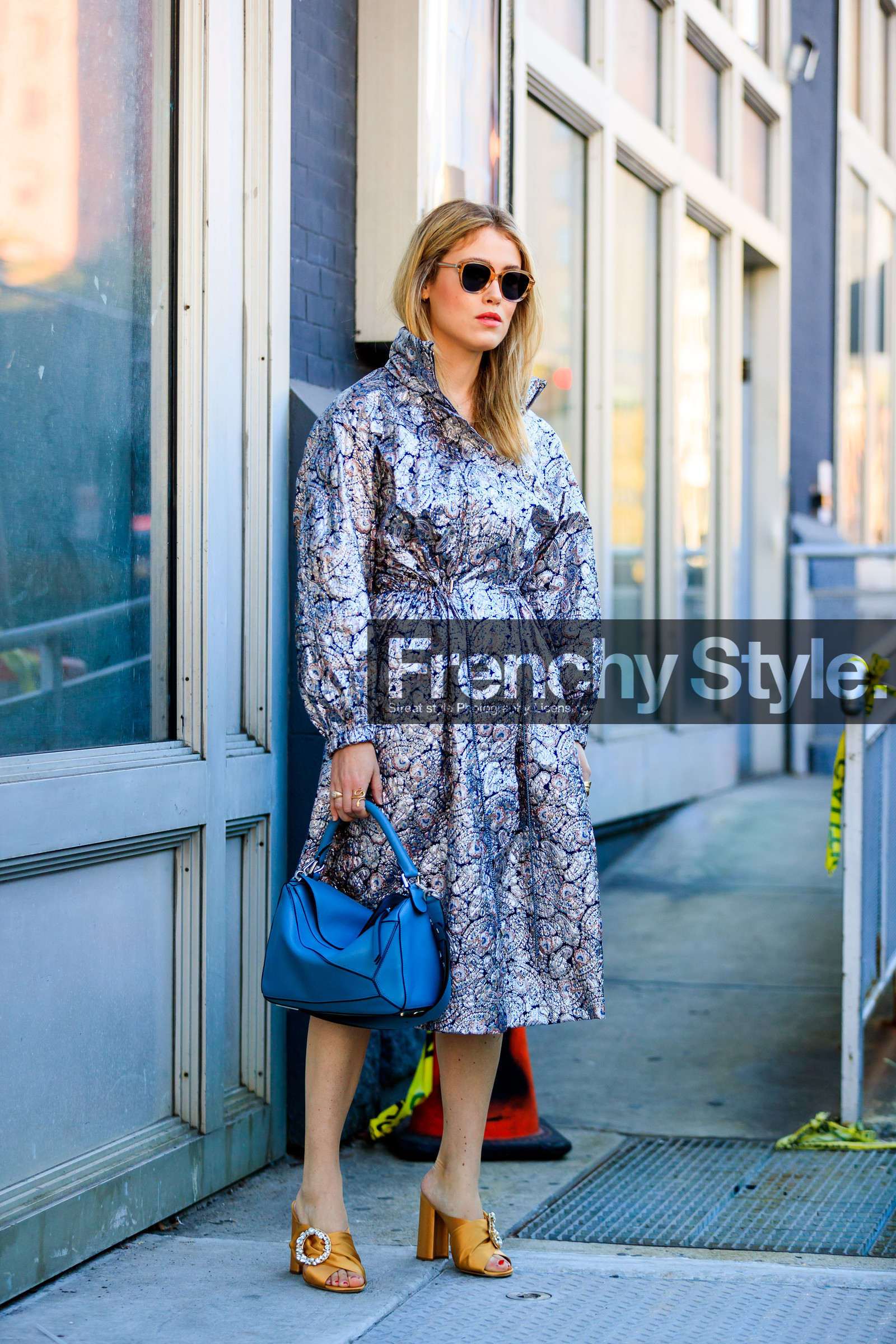 Annabel Rosendahl, blue bag, embroidered shoes, fashion week, frenchystyle, full length, FW, graphic dress, high heels, jonathan paciullo, leather bag, leather shoes, loewe, louis vuitton, NEW YORK, NYFW, printed coat, printed dress, silver coat, SPRING SUMMER 2018, SS 18, street style, sunglasses, vertical, yellow shoes