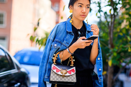 atmosphere details, black bag, blue denim, denim jacket, detail, earrings, fashion week, frenchystyle, FW, graphic bag, gucci, horizontal, iphone, jonathan paciullo, leather bag, monogram, NEW YORK, NYFW, over the shoulder, printed bag, SPRING SUMMER 2018, SS 18, street style