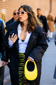 pink sunglasses, yellow bag, coperni bag, animal print pants, printed pants, white top, zipped top, black coat, blue puffed jacket, rings, details, close up, fashion week, frenchystyle, FW, jonathan paciullo, street style, MFW, MILAN, FALL WINTER 2022_2023, AUTUMN WINTER 2022-2023, FW 22-23, vertical, atmosphere details