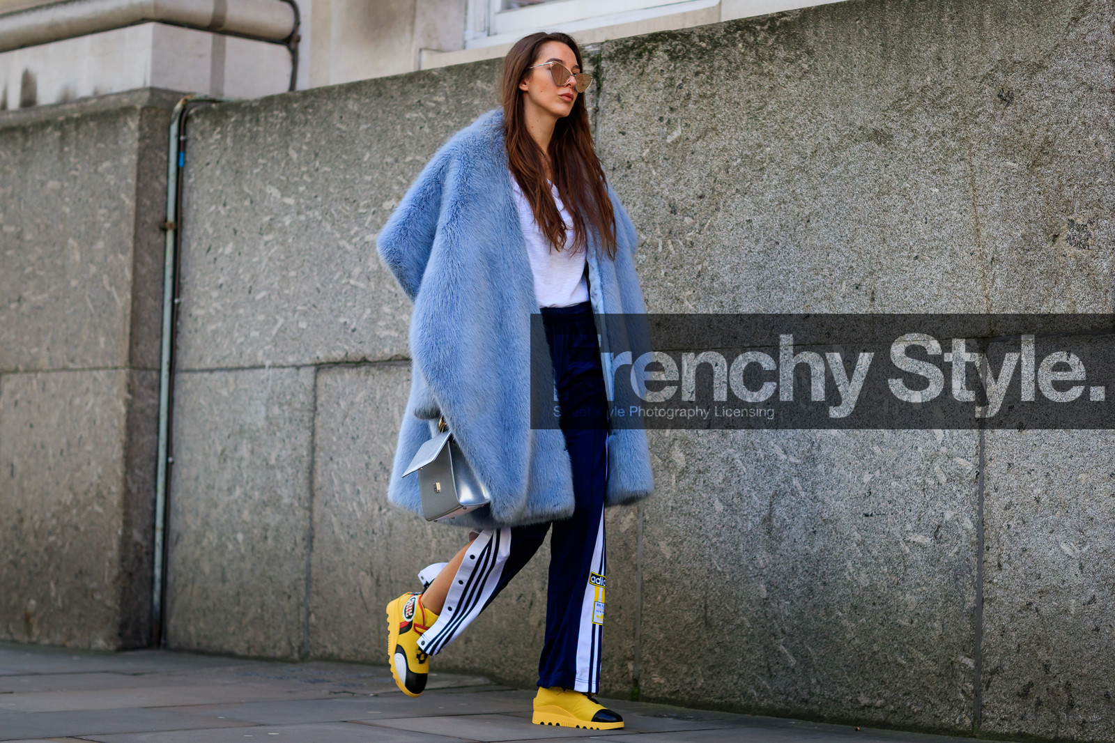adidas, blue fur coat, blue pants, graphic pants, leather shoes, miu miu, printed pants, silver bag, sunglasses, sweatpants, trousers, white t shirt, yellow shoes, street style, jonathan paciullo, FW, frenchystyle, fashion week, LFW, LONDON, AUTUMN WINTER 2018-2019, AW 18-19, FALL WINTER 2018-2019, FW 18-19, horizontal, atmosphere details, full length, estelle pigault