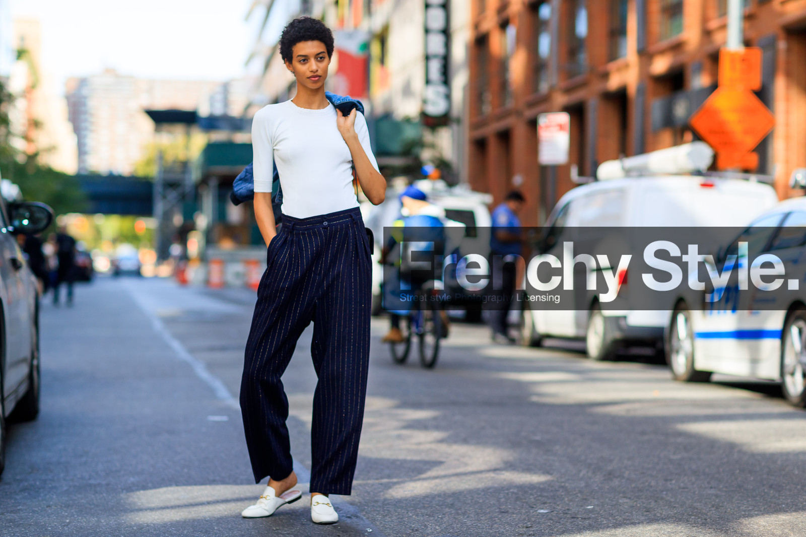 atmosphere details, blue denim, blue pants, bomber jacket, denim jacket, fashion week, frenchystyle, full length, FW, graphic pants, gucci, horizontal, jonathan paciullo, leather shoes, loafers, model, NEW YORK, NYFW, printed pants, SPRING SUMMER 2018, SS 18, street style, striped pants, trousers, white shoes, white top