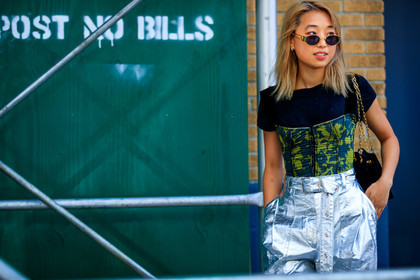 atmosphere details, black t shirt, bustier top, detail, fashion week, frenchystyle, FW, horizontal, jonathan paciullo, Margaret Zhang, NEW YORK, NYFW, printed top, shiny pants, silver pants, SPRING SUMMER 2018, SS 18, street style, sunglasses, trousers