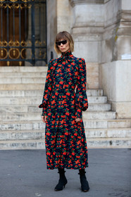 anya ziourova, black dress, black suede boots, black sunglasses, futurist shape sunglasses, floral printed dress, red dress, high collar dress, lavalliere collar, balloon sleeves, long dress, long sleeves dress, ruffle boots, low boots, kitten heels boots, green dress, PARIS, PFW, SPRING SUMMER 2020, SS 20, fashion week, frenchystyle, FW, jonathan paciullo, street style, vertical, full length