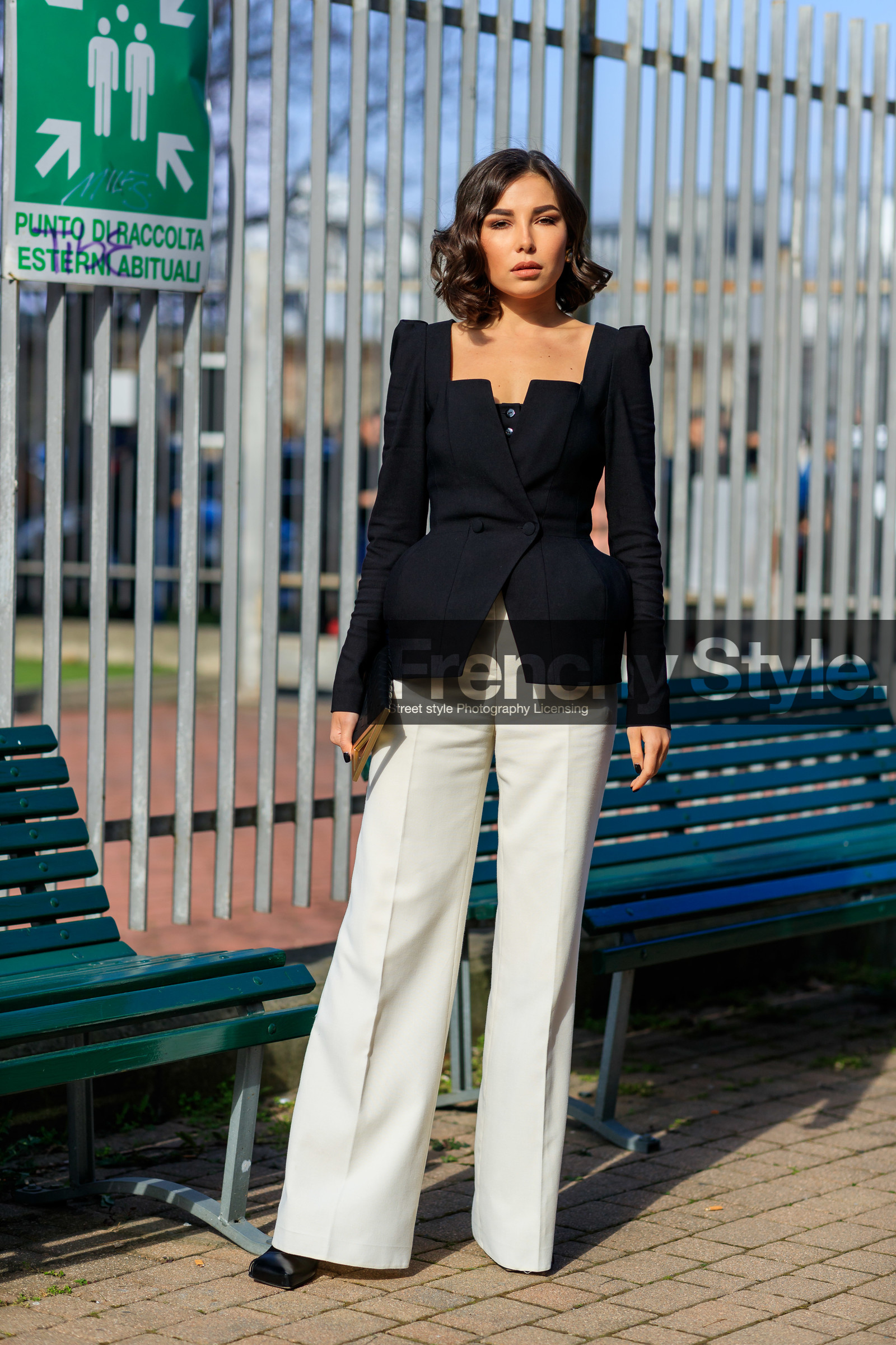 karina nigay, black jacket, low necked jacket, white pants, tailored pants, black and white look, fashion week, frenchystyle, FW, jonathan paciullo, street style, MFW, MILAN, AUTUMN WINTER 2020-2021, FALL WINTER 2020-2021, FW 20-21, vertical, full length
