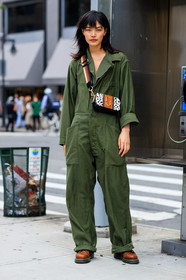 animal print, brown boots, fashion week, frenchystyle, full length, FW, green jumpsuit, jonathan paciullo, leather bag, model, NEW YORK, NYFW, printed bag, rina fukushi, SPRING SUMMER 2018, SS 18, street style, trousers, vertical, zebra
