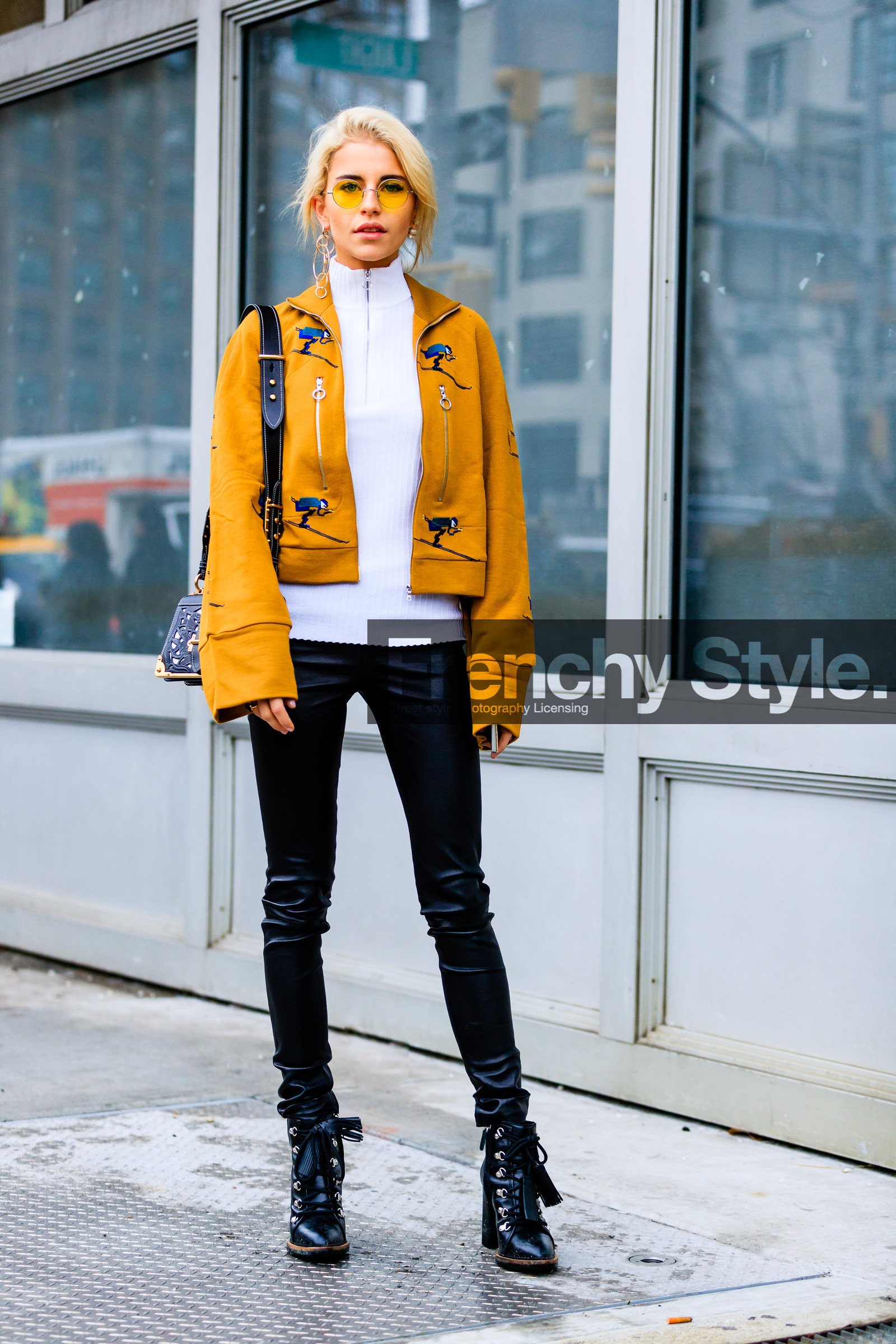 AUTUMN WINTER 2017-2018, AW 17-18, black bag, black boots, black pants, caro daur, earrings, FALL WINTER 2017-2018, fashion week, frenchystyle, full length, FW, FW 17-18, high heels, jonathan paciullo, leather bag, leather boots, NEW YORK, NYFW, prada, street style, suede jacket, sunglasses, trousers, vertical, white sweater, yellow jacket, zip