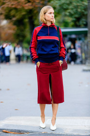 blue sweater, fashion week, frenchystyle, full length, FW, high heels, jonathan paciullo, leather bag, leather shoes, PARIS, pernille teisbaek, PFW, printed sweater, red bag, red skirt, SPRING SUMMER 2017, SS 17, street style, suede bag, vertical, white shoes