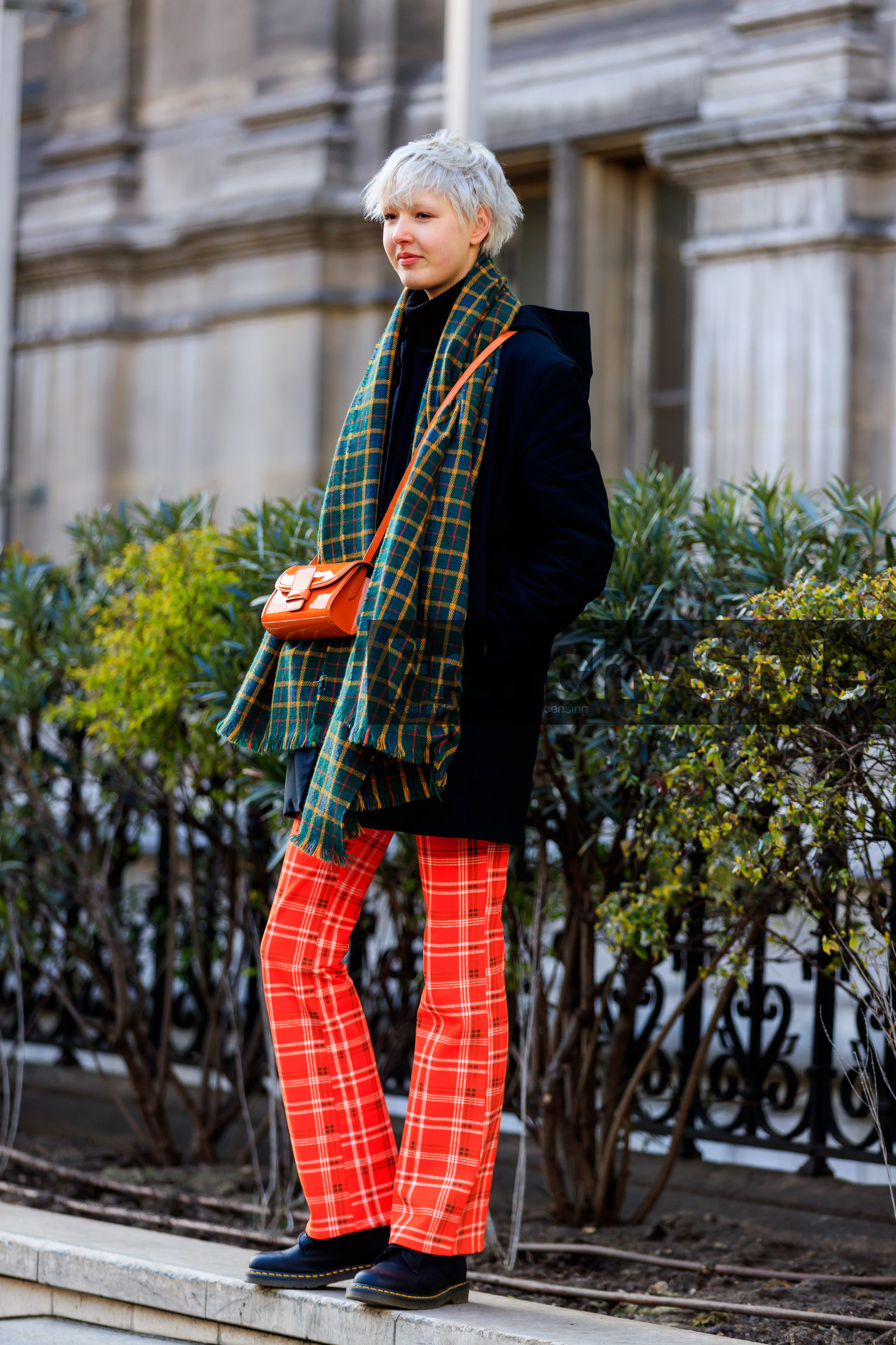 black jacket, black shoes, checked, dyed hair, graphic pants, green scarf, leather bag, leather shoes, orange bag, plaid, printed pants, red pants, trousers, street style, jonathan paciullo, FW, frenchystyle, fashion week, PFW, PARIS, AUTUMN WINTER 2018-2019, FALL WINTER 2018-2019, FW 18-19, vertical, full length, model