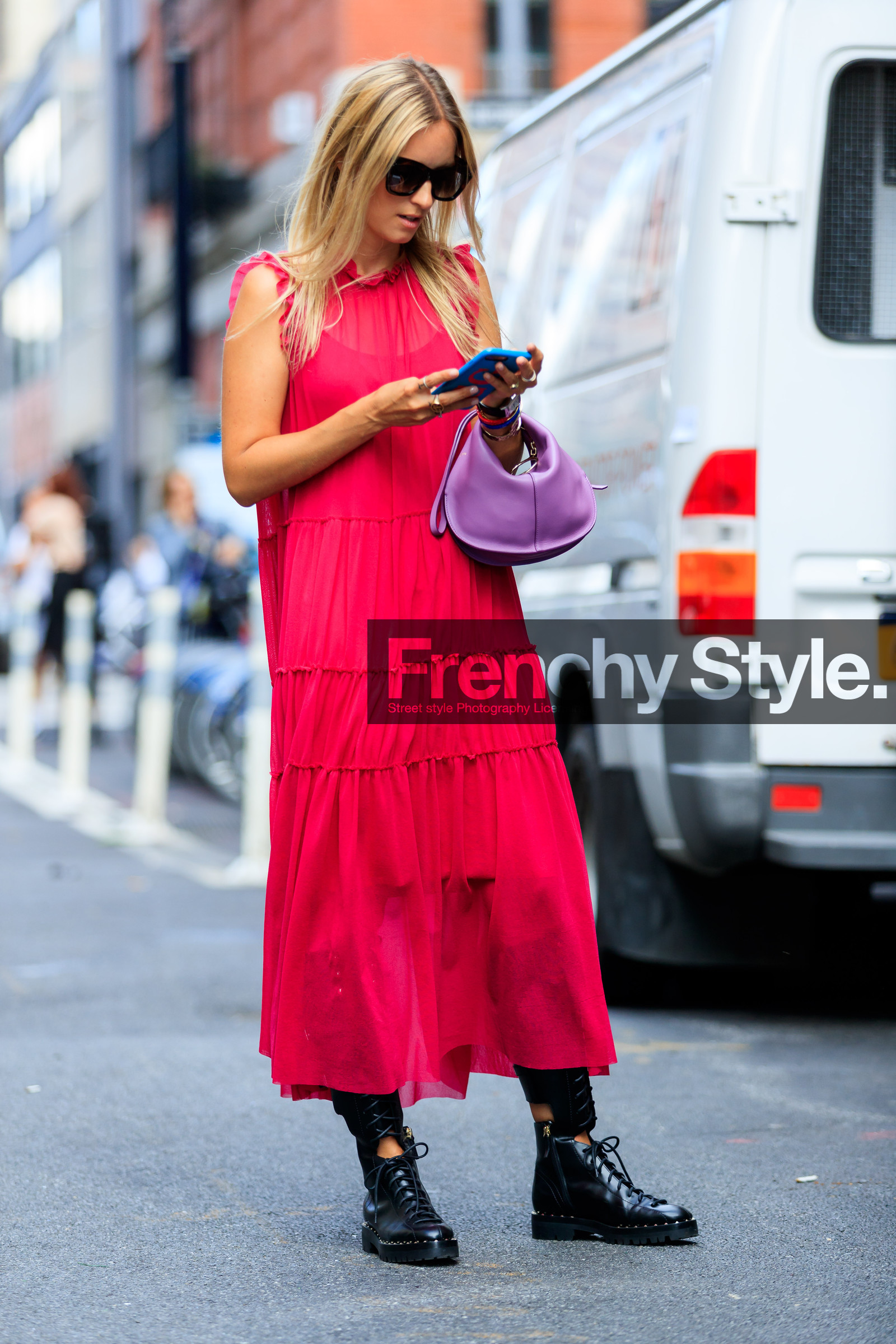 black boots, bracelet, Charlotte Groeneveld, fashion week, frenchystyle, full length, FW, iphone, jonathan paciullo, leather bag, long dress, NEW YORK, NYFW, purple bag, red dress, SPRING SUMMER 2018, SS 18, street style, sunglasses, vertical