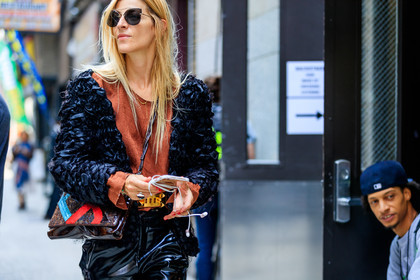 ada kokosar, atmosphere details, black jacket, black pants, brown bag, brown top, detail, fashion week, frenchystyle, FW, horizontal, jonathan paciullo, leather bag, leather pants, NEW YORK, NYFW, SPRING SUMMER 2018, SS 18, street style, sunglasses, trousers, vinyl