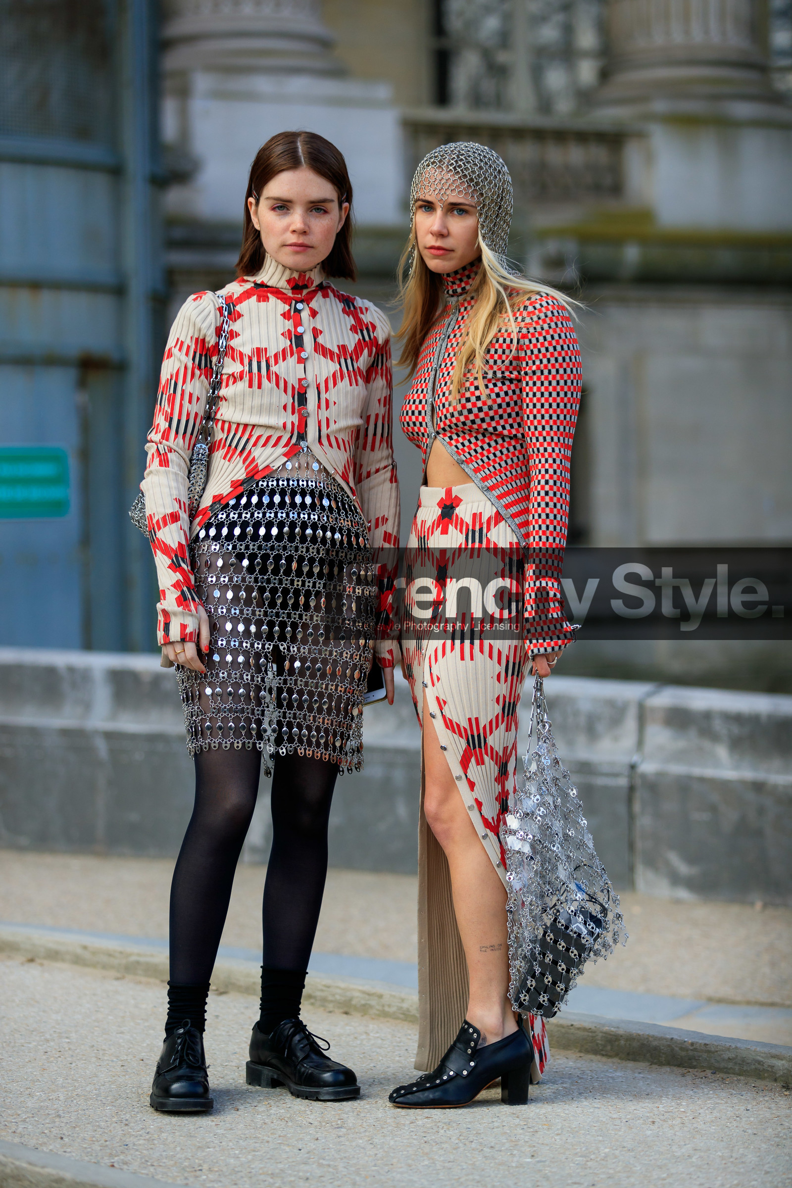black shoes, courtney trop, graphic skirt, graphic sweater, hood, leather bag, leather shoes, metallic bag, metallic skirt, molly and reese blustein, paco rabanne, printed skirt, printed sweater, red sweater, silver bag, silver skirt, tights, white skirt, white sweater, PARIS, PFW, street style, jonathan paciullo, FW, frenchystyle, fashion week, AUTUMN WINTER 2019-2020, AW 19-20, FALL WINTER 2019-2020, FW 19-20, vertical, full length
