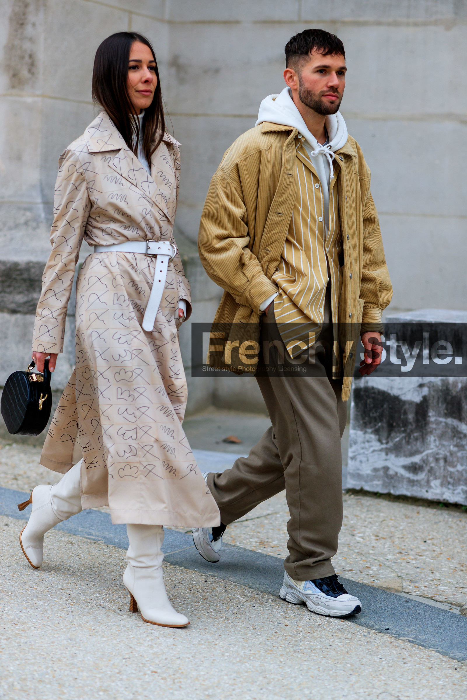 alice & j.s, beige coat, beige jacket, black bag, corduroy, graphic jacket, grey pants, high boots, high heels, hoodie, leather bag, leather belt, leather shoes, printed jacket, stripes, trousers, white belt, white shoes, white sweater, PARIS, PFW, street style, jonathan paciullo, FW, frenchystyle, fashion week, AUTUMN WINTER 2019-2020, AW 19-20, FALL WINTER 2019-2020, FW 19-20, vertical, full length