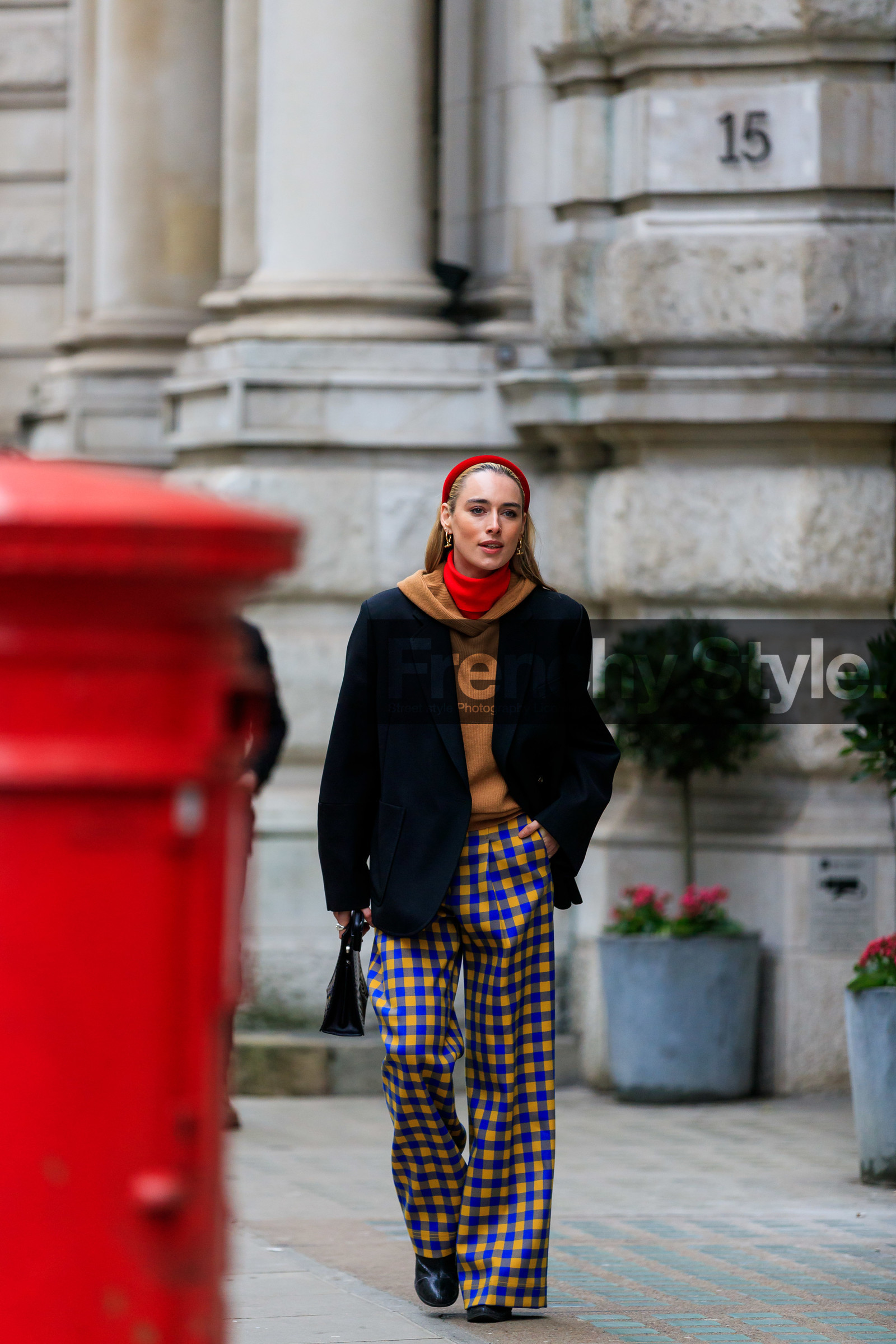 black bag, black jacket, blue pants, camel sweater, checked, flora macdonald johnston, gingham, graphic pants, headband, hoodie, leather bag, plaid, printed pants, red turtleneck, trousers, yellow pants, street style, jonathan paciullo, FW, frenchystyle, fashion week, LFW, LONDON, AUTUMN WINTER 2019-2020, AW 19-20, FW 19-20, FALL WINTER 2019-2020, vertical, full length