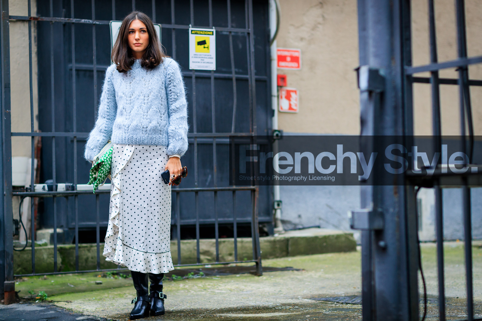 atmosphere details, AUTUMN WINTER 2017-2018, AW 17-18, black shoes, blue sweater, cowboy boots, diletta bonaiuti, FALL WINTER 2017-2018, fashion week, frenchystyle, full length, FW, FW 17-18, graphic skirt, high boots, horizontal, jonathan paciullo, leather shoes, MFW, MILAN, pearls, polka dot, printed skirt, rings, ruffled skirt, street style, white skirt