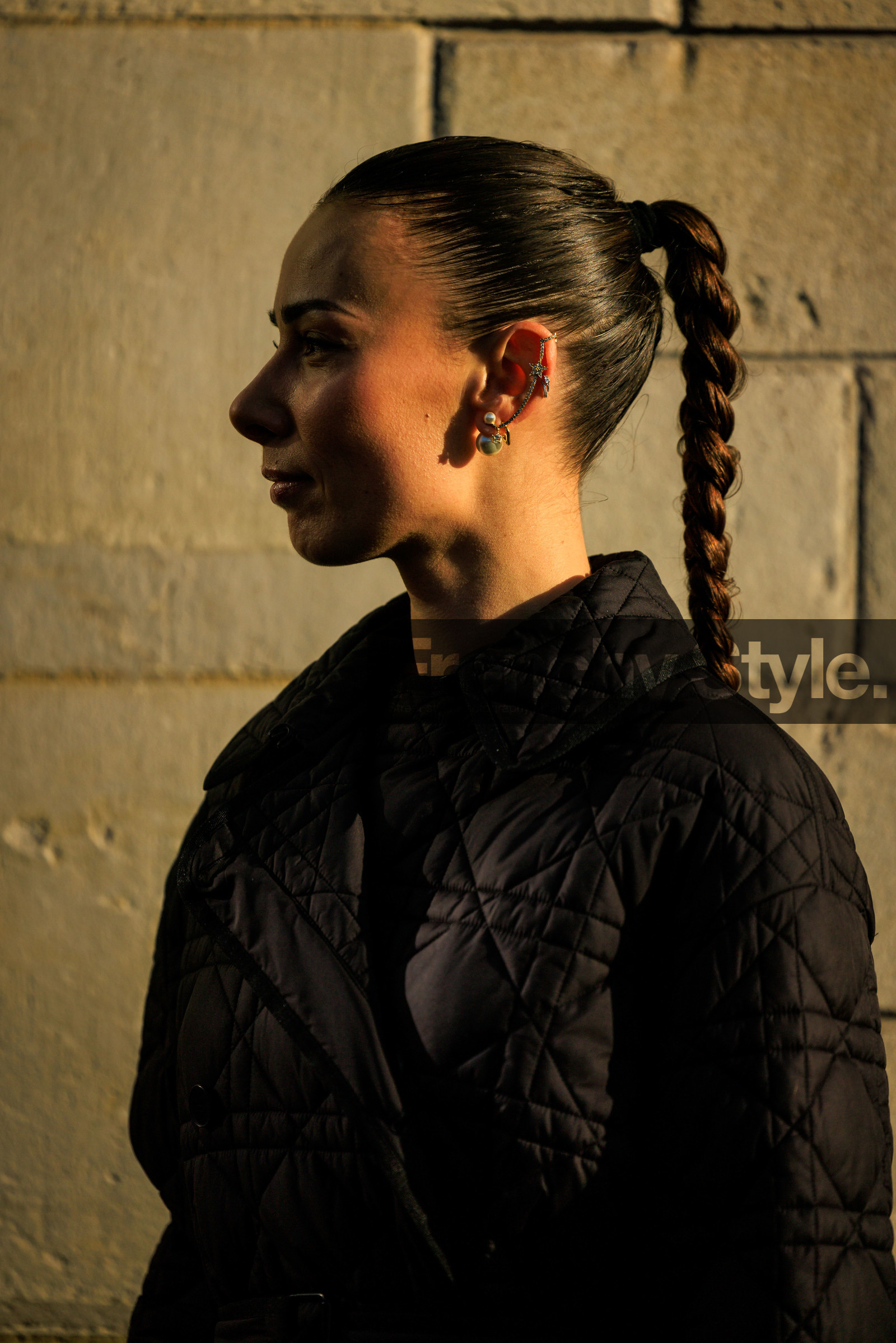 dior, dior earrings, pearls, braided hair, braided pony tails, black jacket, hair, close up, fashion week, frenchystyle, FW, jonathan paciullo, street style, PARIS, PFW, SPRING SUMMER 2022, SS 22, atmosphere details, detail, vertical, alice barbier
