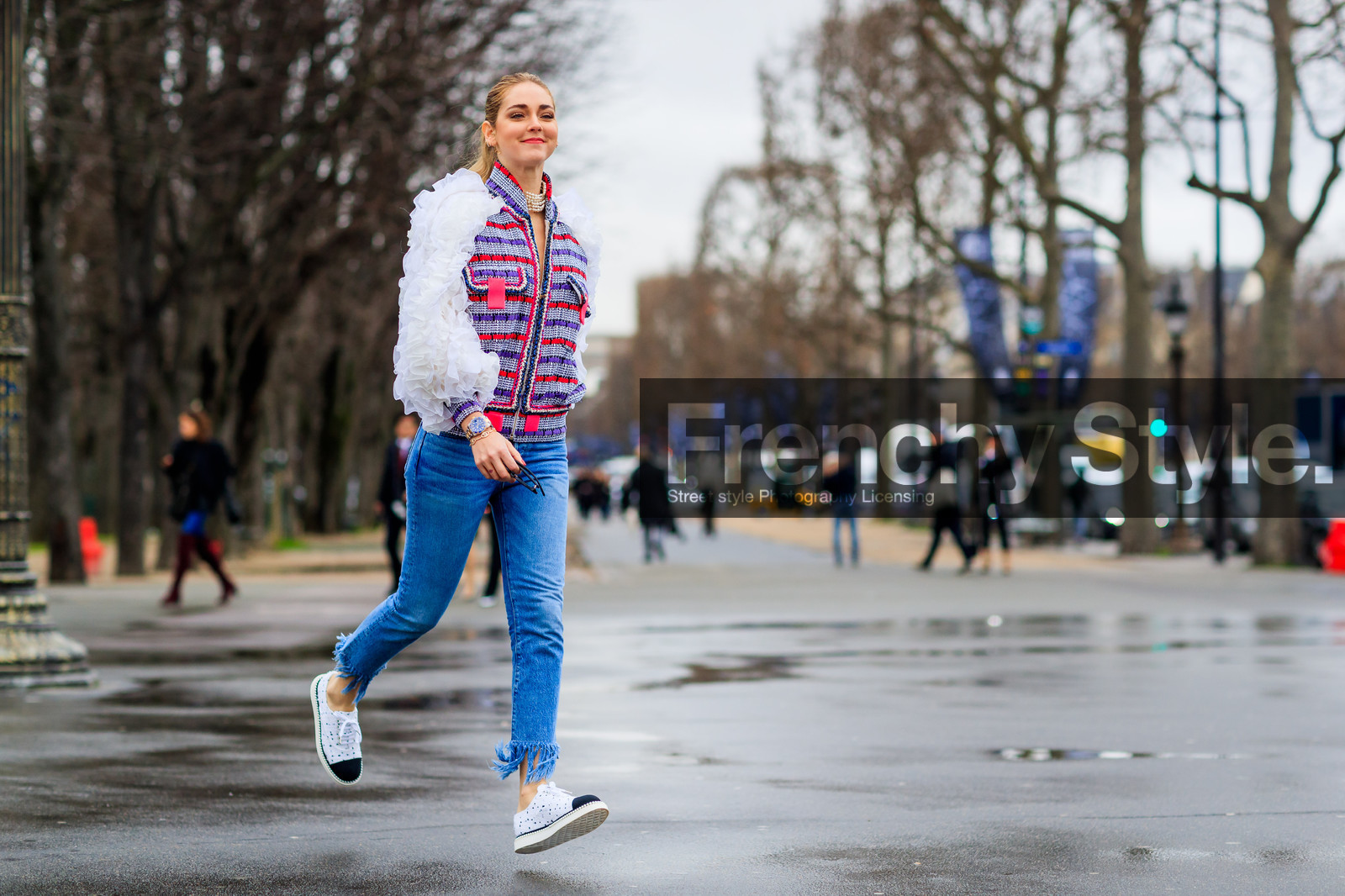 atmosphere details, AUTUMN WINTER 2017-2018, AW 17-18, black and white loafers, black and white shoes, blue denim, chanel, checked jacket, chiara ferragni, denim pants, FALL WINTER 2017-2018, fashion week, frenchystyle, full length, FW, FW 17-18, graphic jacket, horizontal, jeans, jonathan paciullo, leather shoes, necklace, PARIS, pearls, PFW, plaid, printed jacket, ruffles, street style, tartan, trousers, tweed jacket