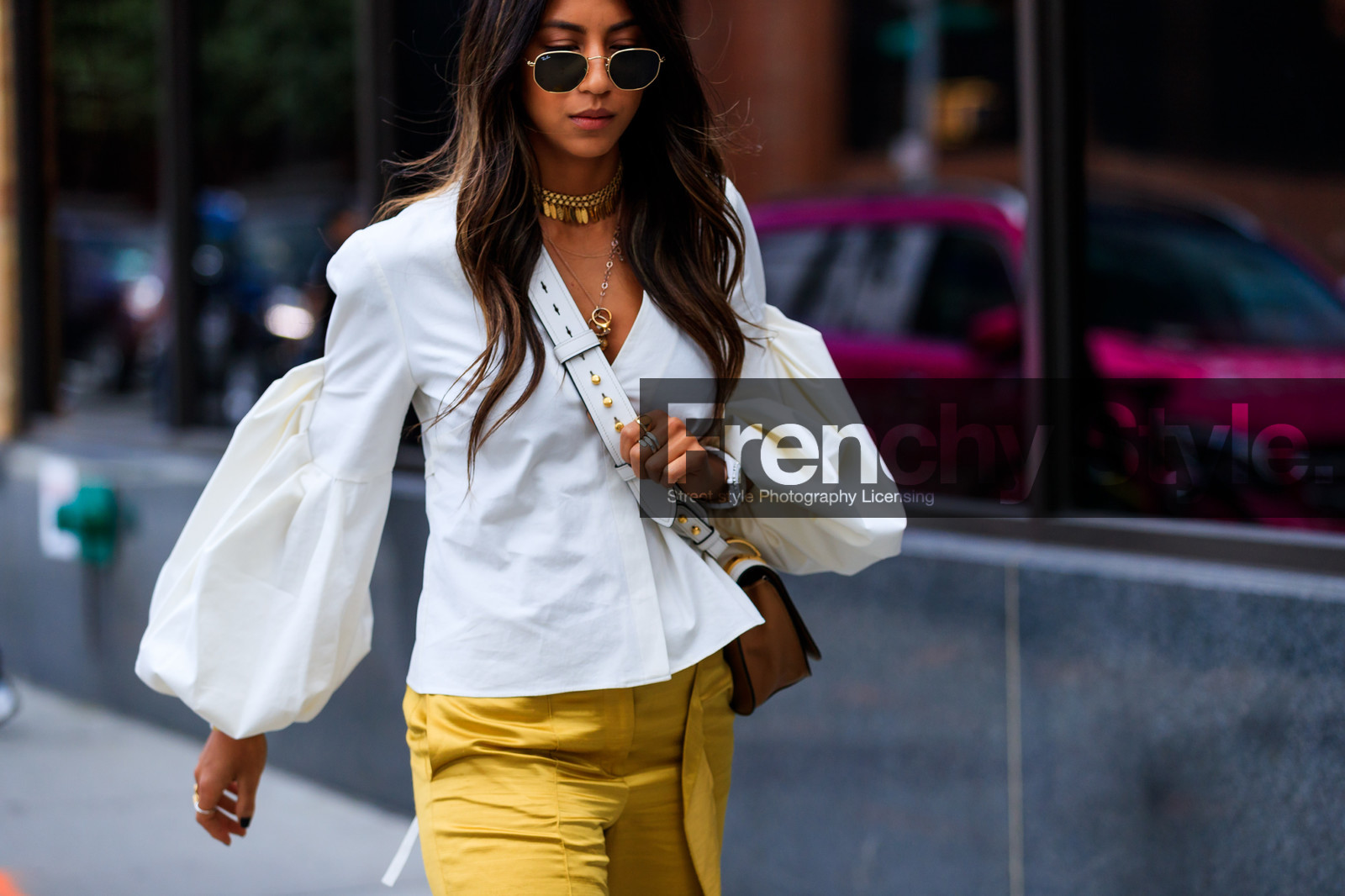 atmosphere details, brown bag, detail, fashion week, frenchystyle, FW, horizontal, jonathan paciullo, leather bag, necklace, NEW YORK, NYFW, prada, SPRING SUMMER 2018, SS 18, street style, sunglasses, white shirt, yellow pants