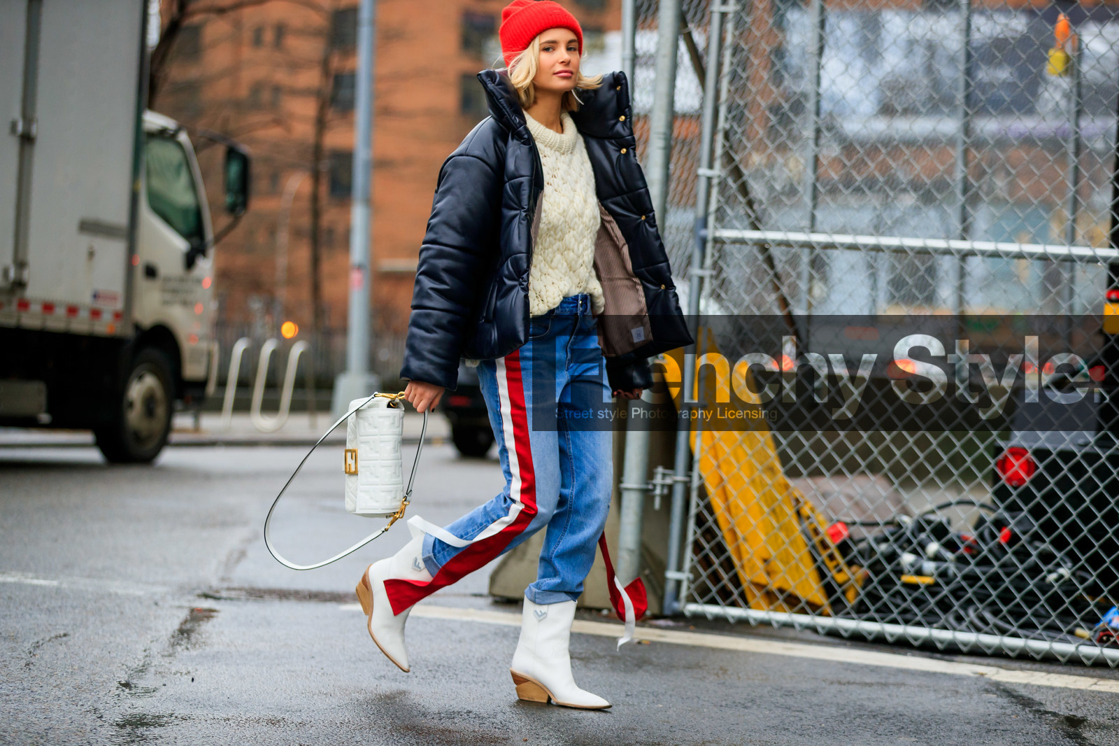 black jacket, blue denim, denim pants, down jacket, fendi, graphic bag, graphic pants, high heels, jeans, leather bag, leather jacket, leather shoes, monogram, printed bag, printed pants, red beanie, trousers, white bag, white boots, white knit, xenia adonts, street style, jonathan paciullo, frenchystyle, NYFW, NEW YORK, AUTUMN WINTER 2019-2020, AW 19-20, FALL WINTER 2019-2020, FW 19-20, fashion week, FW, atmosphere details, horizontal, detail