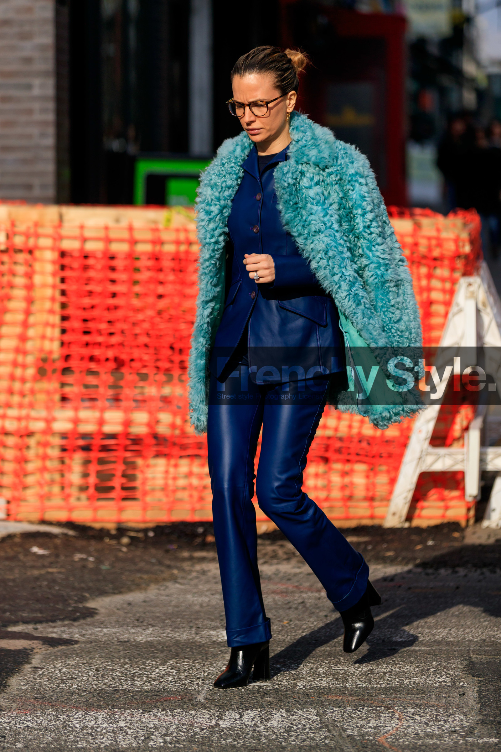light blue coat, fur coat, navy blue leather jacket, navy blue leather pants, black leather boots, high heels boots, fashion week, frenchystyle, FW, jonathan paciullo, street style, NYFW, NEW YORK, AUTUMN WINTER 2020-2021, FALL WINTER 2020-2021, FW 20-21, vertical, full length