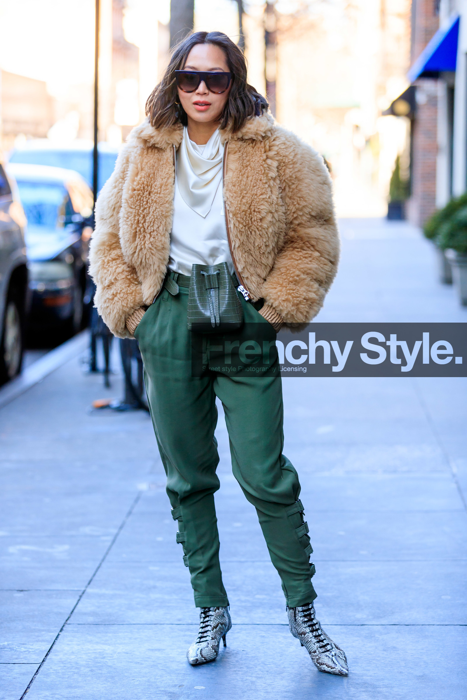 aimee song, animal print, beige fur, beige jacket, bomber jacket, fur jacket, green bag, green pants, grey boots, high heels, leather bag, leather shoes, snake print, sunglasses, trousers, white scarf, white top, street style, jonathan paciullo, frenchystyle, NYFW, NEW YORK, AUTUMN WINTER 2019-2020, AW 19-20, FALL WINTER 2019-2020, FW 19-20, fashion week, FW, vertical, full length