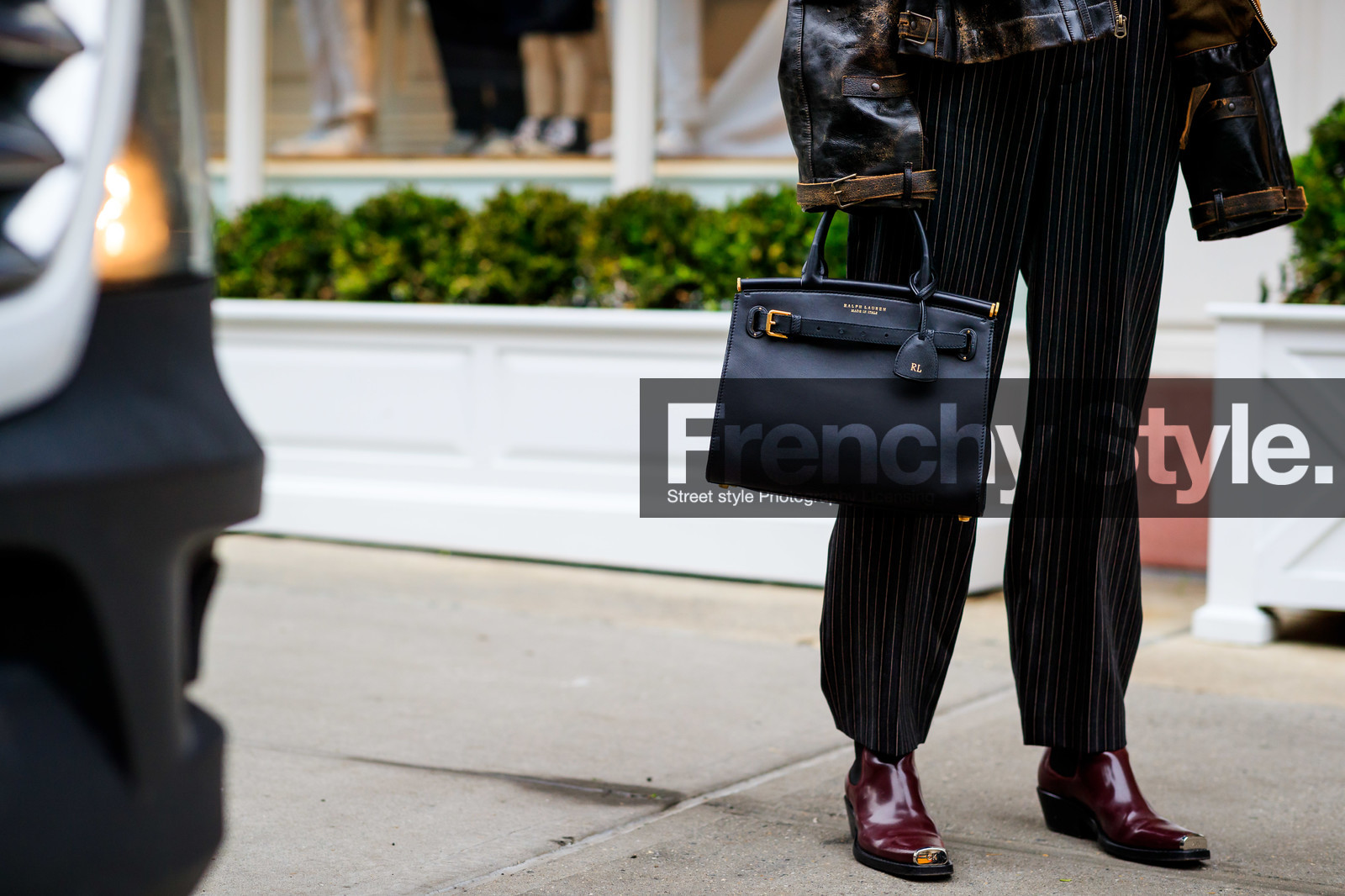 black bag, black jacket, bordeaux, brown jacket, burgundy, gala gonzalez, graphic pants, grey pants, grey sweater, leather bag, leather belt, leather jacket, leather shoes, printed pants, ralph lauren, red belt, red boots, trousers, frenchystyle, jonathan paciullo, street style, NYFW, NEW YORK, AUTUMN WINTER 2019-2020, AW 19-20, FALL WINTER 2019-2020, FW 19-20, fashion week, FW, atmosphere details, horizontal, detail