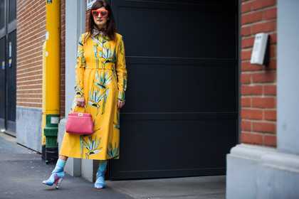 atmosphere details, AUTUMN WINTER 2016-2017, AW 16-17, blue sandals, blue shoes, blue socks, FALL WINTER 2016-2017, fashion week, fendi, floral, frenchystyle, full length, FW, FW 16-17, high heels, horizontal, jonathan paciullo, leather bag, LFW, LONDON, long dress, MENSWEAR, pink bag, printed dress, printed jacket, street style, sunglasses, transparent heel, valentina ferragni, valentina siragusa, yellow dress, yellow jacket