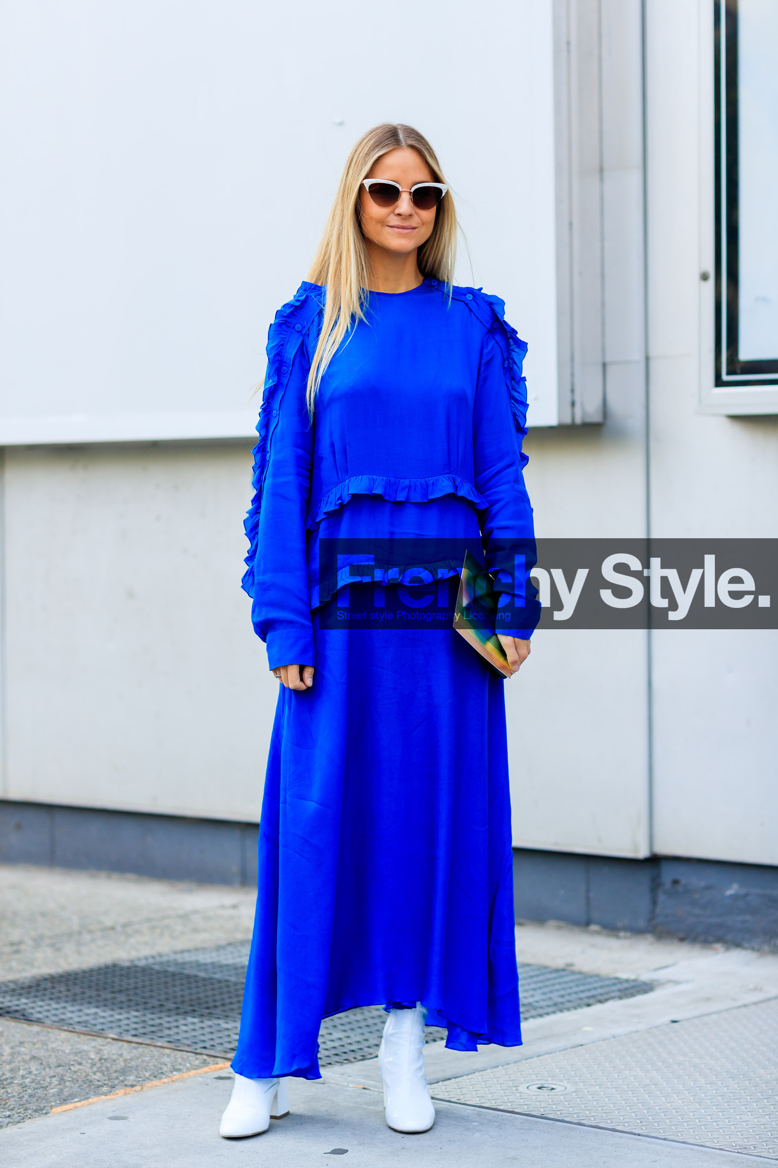 blue dress, fashion week, frenchystyle, full length, FW, high heels, jonathan paciullo, leather shoes, NEW YORK, NYFW, SPRING SUMMER 2018, SS 18, street style, sunglasses, vertical, white boots