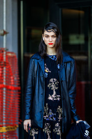 model, red lipstick, make up, make up details, hair details, black dress, black leather jacket, embroidered dress, floral embroidered dress, smocked dress, fashion week, frenchystyle, FW, jonathan paciullo, street style, MFW, MILAN, AUTUMN WINTER 2020-2021, FALL WINTER 2020-2021, FW 20-21, vertical, atmosphere details, detail